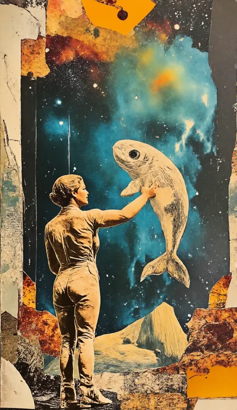 Vintage art collage, Astronaut beautiful plump muscle woman stroking a space whale, papers and oil painting, retro-style collage, ff-collage