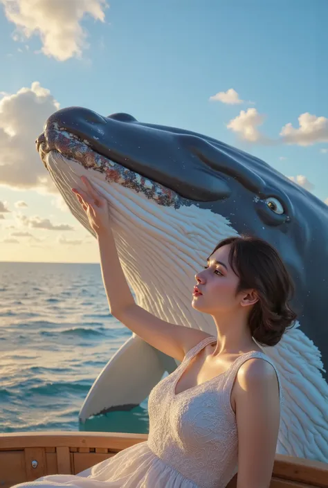 A woman communicated with a giant whale on a wooden boat,reaching out and touching the whale's head,realistic,delicate,realistic 질감,실제 장면과 같은,natural lighting,Beautiful ocean scenery like a real scene,Calm sea,Sun shining,Blue Sky and Clouds,Approaching th...