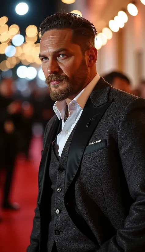 Tom Hardy, upper body portrait at a prestigious red carpet event, wearing a stylish and tailored gray suit with modern textures, subtle metallic details, confident and intense expression, cinematic lighting in steel gray, matte black, and warm amber tones,...