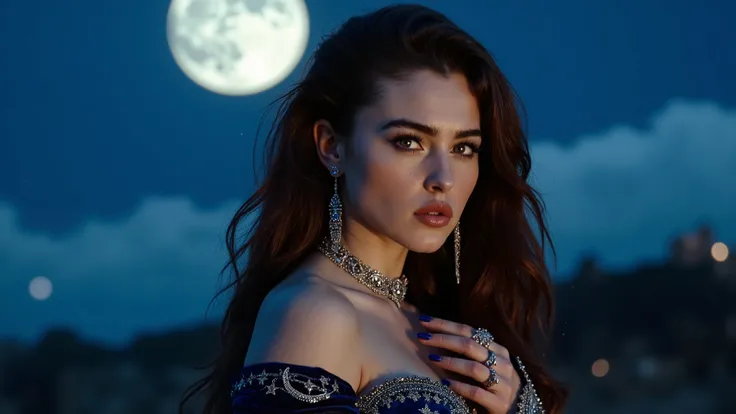 Cinematic, high-fantasy female character under a glowing moonlit night sky. Beautiful, ethereal, goddess-like presence. Porcelain skin with warm undertone, high cheekbones, almond-shaped deep blue eyes glowing subtly. Mahogany red wavy hair with dark brown...