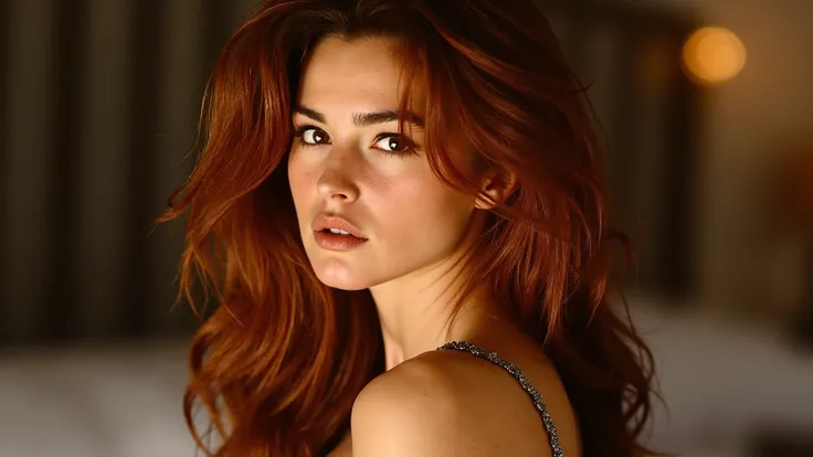 A photo of a beautiful red-haired girl with long hair, cleavage, with beautiful dress.