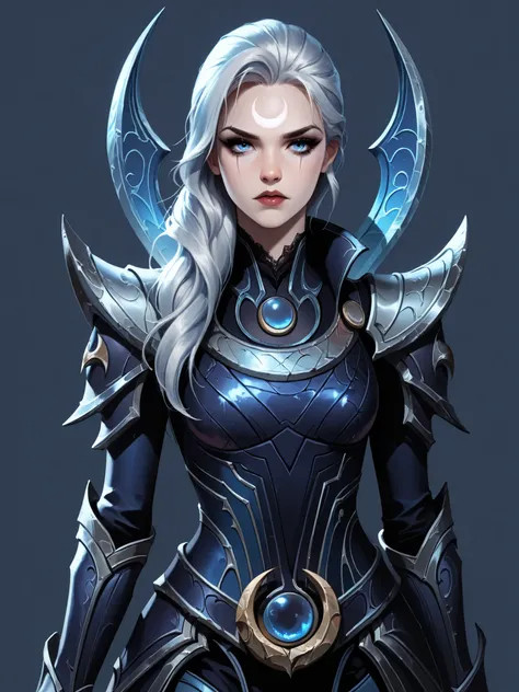 Highly detailed, stylized digital illustration, Diana, league of legends, goth girl, long silver hair, blue eyes, dark armor with silver and blue details, crescent-shaped shoulder pads and greaves, neutral background, front view, upper body illustration.