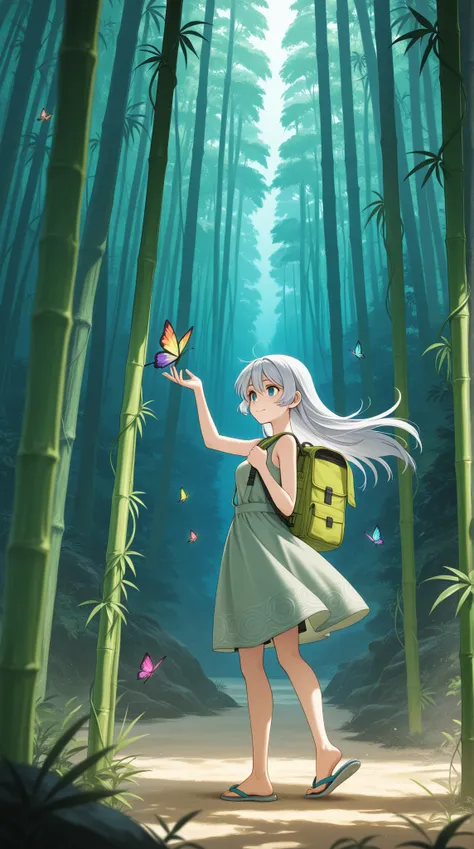 super high image quality，Rich in Details，Kiana wears a straw suspender dress、Beach shorts，Wearing flip-flops，Carrying a small bamboo backpack，hiking in the Balinese rainforest，Surrounded by giant ferns、Tall trees hanging from vines，holds a branch in her hand as a weapon，colorful butterflies flying through the woods，Kiana smiles brightly，Looking at the adventure map in her hand