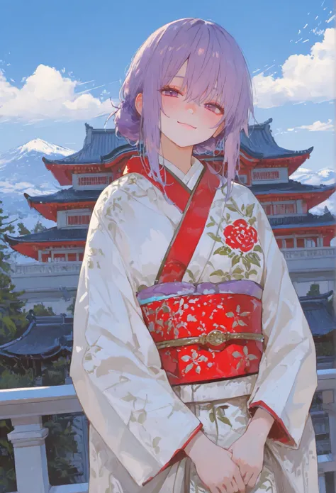 General Thunder stands in front of the Potala Palace，Smile photo，Long purple hair and flowing， wearing a traditional kimono，The background is the majestic Potala Palace and the blue sky and white clouds，The plateau is sunny，Tourist photo pose，Happy express...