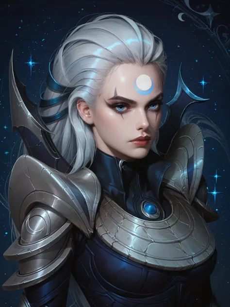 Highly detailed, stylized digital illustration, Diana, league of legends, goth girl, long silver hair, blue eyes, dark armor with silver and blue details, crescent-shaped shoulder pads and greaves, neutral background, front view, upper body illustration.
