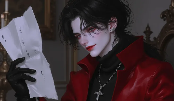 strict, The handsome producer in gothic clothes slyly smiles and stretches forward the fastened sheets of documents. Black and red clothes, long black wavy hair, red eyes. Vampire. Hip-high image, hand in perspective close to the screen, the sheets are cle...
