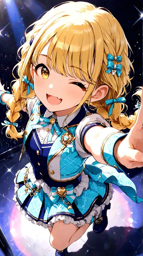 masterpiece,best quality,1girl,solo,fujita kotone,gakuen idolmaster,safe,skin fang,yellow eyes,blonde hair,long hair,twin braids,hair ribbon,idol costume,blue costume,flat chest;d,standing,standing one leg,extend one's arm,Vigorous, lively,dynamic pose, fo...
