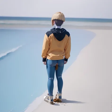 score_9, score_8_up, score_7_up, best quality, on the beach Slim sporty boy 1boy, wearing hoodie, 1boy, (is standing, Legs lowered :1.1), (((Panty Poop ,nsfw)), internal, 1boy, blonde hair, (short bob, crew cut,),, wide shoulder ,thin waist, wide hips, bre...