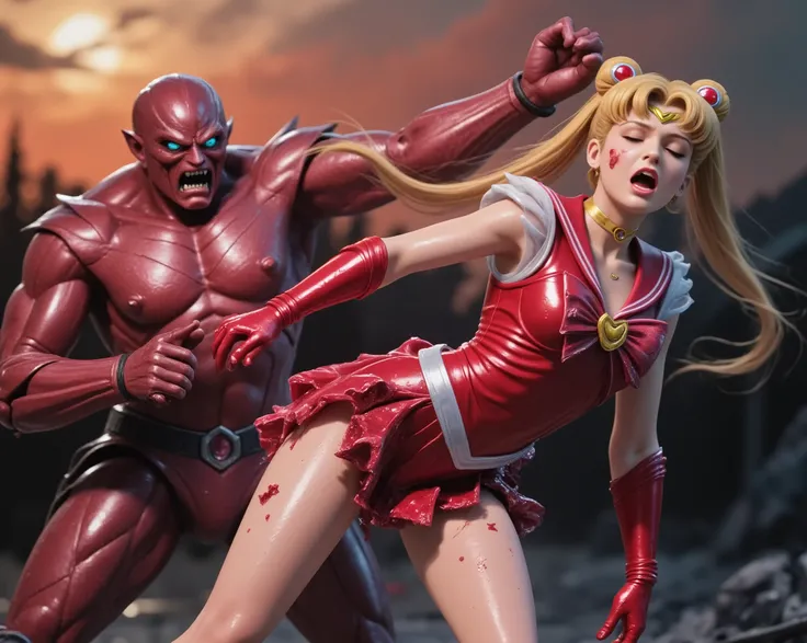 Sailor Moon is defeated from fighting with a monster, she exhaust, injury, eyes close, painful face, screaming in pain, bruise, tattered clothes, a giant monster is holding Sailor Moon head, he pull her arm back, dark scene, hyperrealism, realistic,