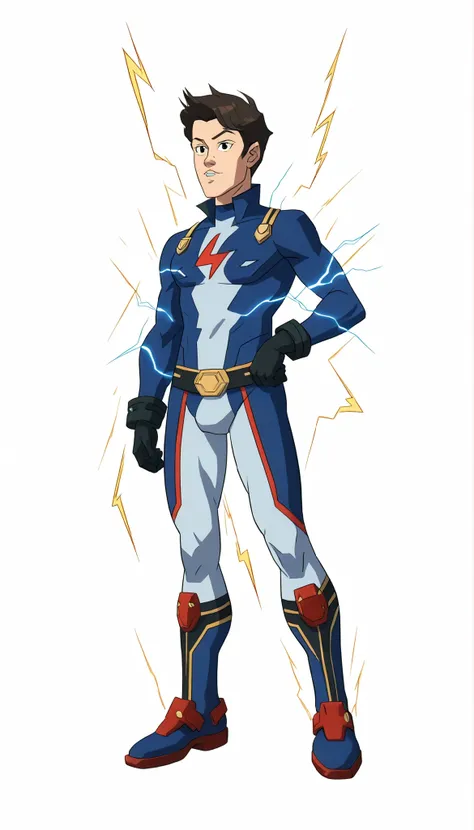 (Wilbur Robinson), (Meet The Robinsons), My Hero Academia style, anime boy, male, young male, trending on artstation pixiv, (full body shot:0.5), Short hair, Black hair, black eyes, hero suit, full bodysuit, Three-Tones Bodysuit, blue bodysuit with white a...