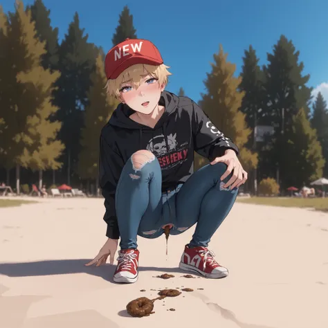 score_9, score_8_up, score_7_up, best quality, on the beach Slim sporty boy 1boy, wearing hoodie, 1boy, (is squatting, Legs lowered :1.1), (((Panty Poop ,nsfw)), internal, 1boy, blonde hair, (short bob, crew cut,),, wide shoulder ,thin waist, wide hips, br...
