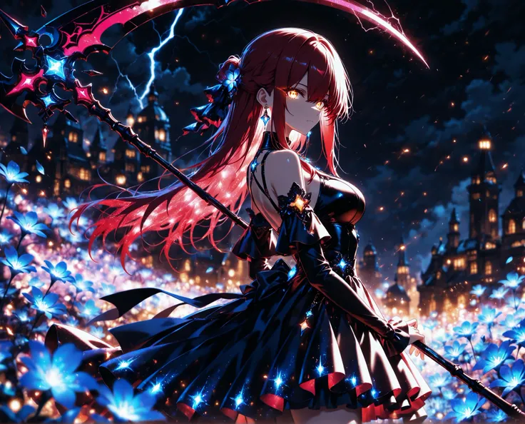 1 girl , golden eyes , very long hair , long sidelocks, red hair ,half updo, petite , very cute , beautiful ,Straight hair, cool, handsome, hair between eyes, sexy, medium breasts, flowery hair, holding a large Scythe, standing next to neon flower, solo, p...