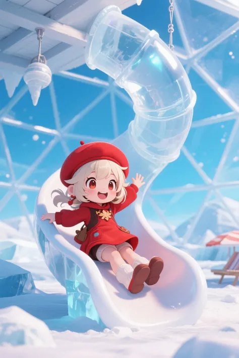 ultra detailed, absolutely resolution, masterpiece, chibi, Klee (Genshin, Klee, ivory hair, red clothes, big red beret) having fun on the slide, vacation in an arctic summer resort, ice dome house, spiral slide hanging from the roof, 2.5D, artistic photography, hyper realistic, highly detailed, sharp focus and contrast, extremely clear image, (super detail, enhance, boost) effects, (brilliant light and shadow, seamless, contrast, gradation) effects, effects magic, shading effects magic, lighting effects magic, funny manga style