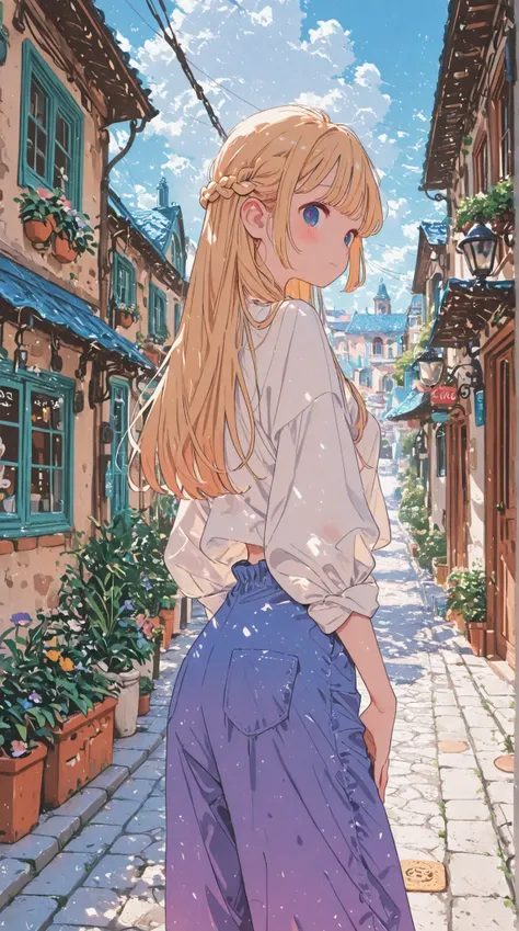 very small breasts、perfect anatomy、one woman、cute face、blonde、French braid、long hair、Stylish shirt、culotte pants、Outdoors、Street、Spanish Streets、Gaudi architecture、Super Detailed、high quality details、Out of specification