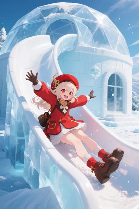 ultra detailed, absolutely resolution, masterpiece, Klee (Genshin, Klee, ivory hair, red clothes, big red beret) having fun on the slide, vacation in an arctic summer resort, ice dome house, slide that runs in a spiral from the roof to the exterior wall, 2.5D, artistic photography, hyper realistic, highly detailed, sharp focus and contrast, extremely clear image, (super detail, enhance, boost) effects, (brilliant light and shadow, seamless, contrast, gradation) effects, effects magic, shading effects magic, lighting effects magic, funny manga style