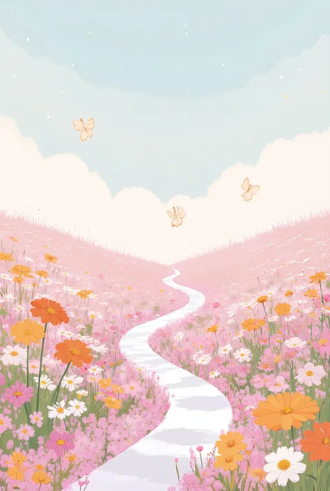 A whimsical and flat-style high-resolution illustration of a flower path. Dozens of flat, cartoon-like flowers in orange, pink, white, and yellow bloom from the bottom and form a winding, meandering flower trail that extends far upward into a soft pastel b...