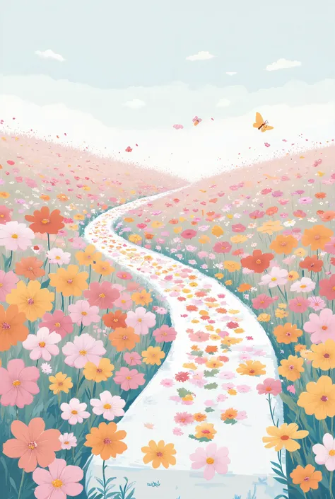 A whimsical and flat-style high-resolution illustration of a flower path. Dozens of flat, cartoon-like flowers in orange, pink, white, and yellow bloom from the bottom and form a winding, meandering flower trail that extends far upward into a soft pastel b...