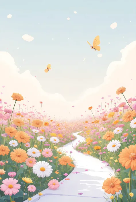 A whimsical and flat-style high-resolution illustration of a flower path. Dozens of flat, cartoon-like flowers in orange, pink, white, and yellow bloom from the bottom and form a winding, meandering flower trail that extends far upward into a soft pastel b...