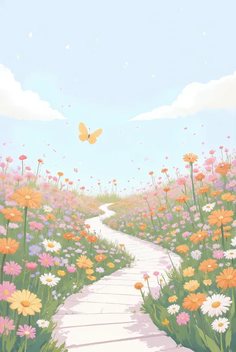 A whimsical and flat-style high-resolution illustration of a flower path. Dozens of flat, cartoon-like flowers in orange, pink, white, and yellow bloom from the bottom and form a winding, meandering flower trail that extends far upward into a soft pastel b...