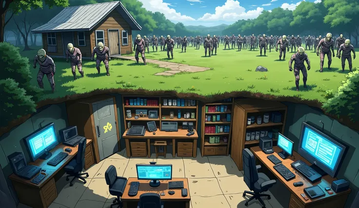 Anime-style SECRET UNDERGROUND BASE hidden beneath a grassy field swarming with ZOMBIES. Above ground, dozens of zombies roam aimlessly around an abandoned wooden cabin in broad daylight. Below the surface, a high-tech underground bunker is filled with glo...