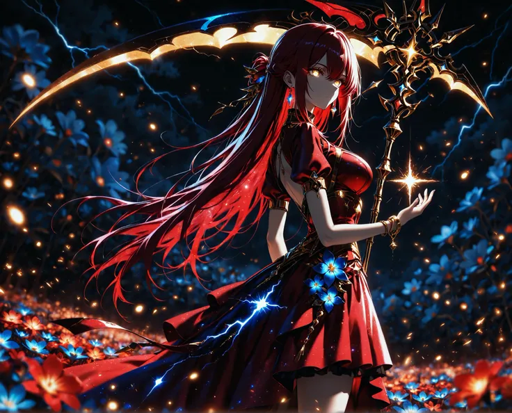 1 girl , golden eyes , very long hair , long sidelocks, red hair ,half updo, petite , very cute , beautiful ,Straight hair, cool, handsome, hair between eyes, sexy, medium breasts, flowery hair, holding a large Scythe, standing next to neon flower, solo, p...