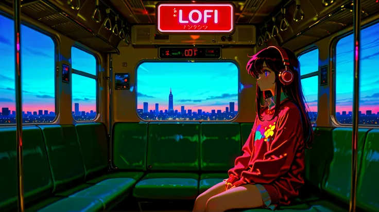 Long-haired young woman wearing sweater and headphones, Sitting on a train in the city, Bright colors, retro anime style, lofi style,