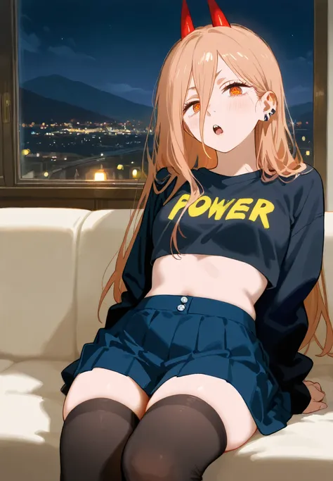 1girl, Power /(Chainsaw Man)/, long hair, crop top, piercings, thigh highs, skirt, sitting on a couch,sexy pose, alluring atmosphere, night time, mountain cottage, cinematic lighting, masterpiece,top quality,warm color,high resolution,high fashion,absurdre...