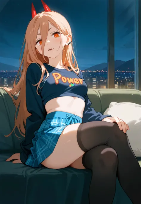 1girl, Power /(Chainsaw Man)/, long hair, crop top, piercings, thigh highs, skirt, sitting on a couch,sexy pose, alluring atmosphere, night time, mountain cottage, cinematic lighting, masterpiece,top quality,warm color,high resolution,high fashion,absurdre...