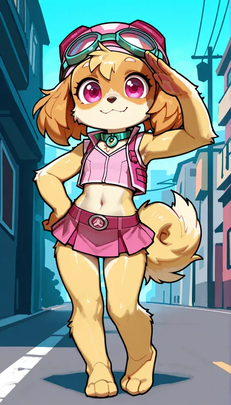 score_9,score_8_up,score_7_up, source_cartoon, source_furry, solo, 1girl, Skye, dog, young, furry female, anthro, body fur, small breasts, fluffy loop dog ears, ((goggles, pink pilot hat, Skye collar, pink vest, sleeveless, midriff, pink mini skirt, barefo...