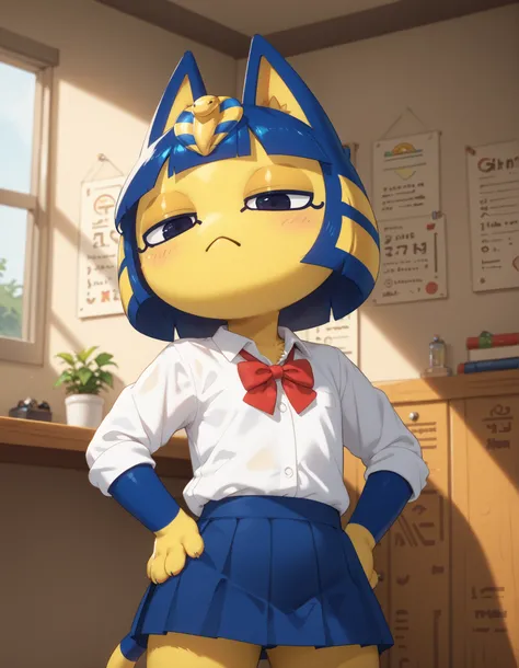 source_furry,ankha (animal crossing), close up, anthro furry,solo, schoolgirl uniform, (white shirt), (blue pleated skirt), standing, half closed eyes, (dynamic angle), (dutch angle), (indoors), neutral expression, standing, one hand on hip