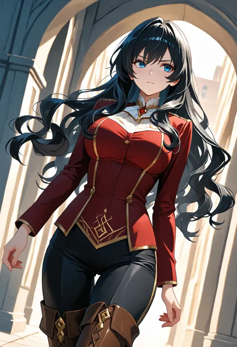ctiancelesti4, blue eyes, long hair,wavy hair, black hair, outdoor, solo, RPG style, red top , black  pants, black thigh pants, brown boots, brown thigh boots, outfit with gold trim, elegant, dominant, dutch angle, cowboy shot, perfect eyes, perfect body