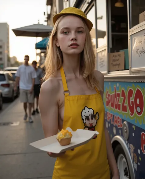 Hollie Finch, tall young woman, with broad shoulders, thin physique, short torso and with fair skin. She has strawberry blonde straight hair, light blue almond-shaped eyes with an oval face and soft features. is standing awkwardly in front of a small food ...