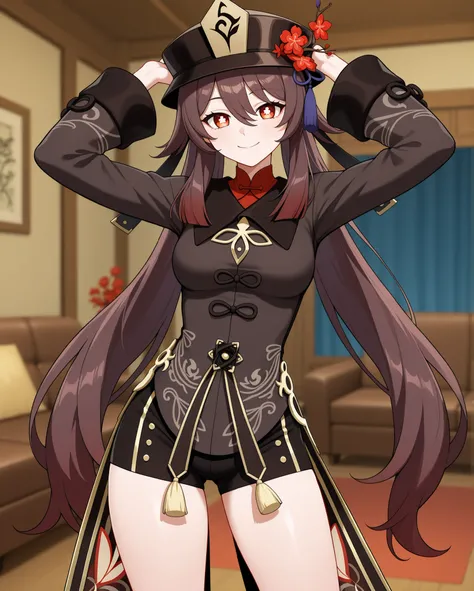 	( Hu Tao \Genshin Impact\, )
brown hair, long hair, twintails,
red eyes, flower shaped pupils,

	Hu Tao \Genshin Impact\ outfit, 
black hat, 
black coat,
black shorts, 

living room, sofa, blurry background, 
1 girl, solo, wide shot, 
happy, looking at vi...