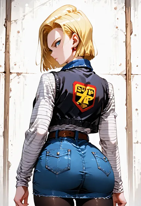 score_9, score_8_up, score_7_up, BREAK, score_9, Android18SDXL, short hair, blue eyes, skirt, blonde hair, jewelry, jacket, pantyhose, earrings, belt, vest, denim, denim skirt, android 18, 1girl, solo, looking at viewer, cowboy shot, ass, from behind, tour...