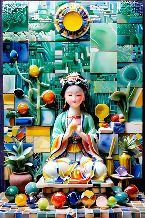 art jade doll,(idol stage: 1.4) takes an idol standing on a stage bathed in direct sunlight, Mars in the background. The image looks like 々must be composed of small squares the size, each is full of images of various everyday items such as books, furniture...