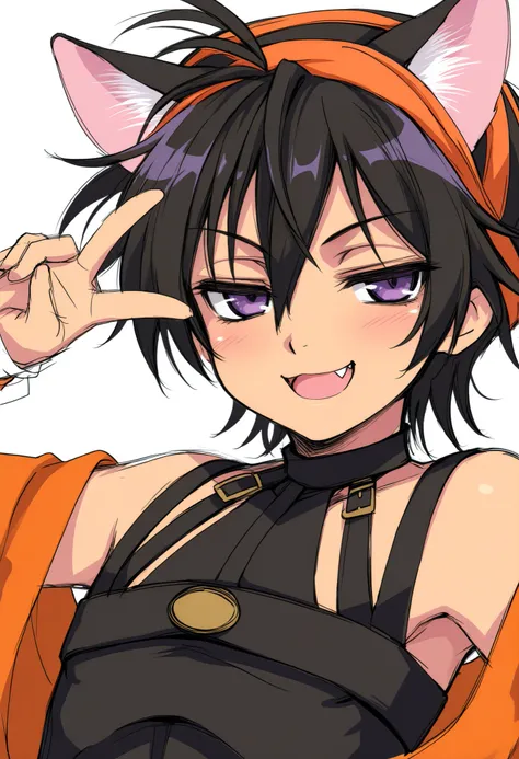 narancia,one boy,cute,cool,brack cat ears,brack hair,purple eyes,animal ears, white background, Bust-up shot, naughty face,solo, sketch, fang
