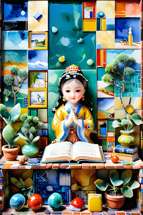 art jade doll,(idol stage: 1.4) takes an idol standing on a stage bathed in direct sunlight, Mars in the background. The image looks like 々must be composed of small squares the size, each is full of images of various everyday items such as books, furniture...