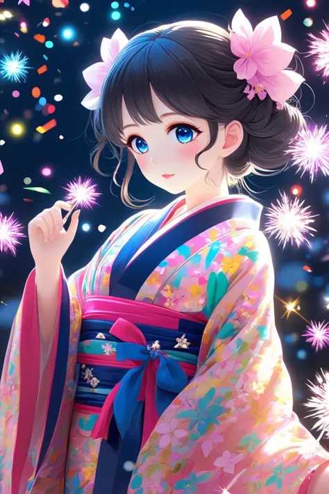 Anime、Beauty、Digital Art、cute、Animeのcute若者、4K、High-quality CG、 big beautiful girl、shiny makeup、sexy、（（驚くほど精細なBeautiful Eyes））colorful、lighting、 shiny body 、Best Quality、Ultra-detailed、8K、high resolution、（who's watching）「She wears a transparent, sparkling kimono and、the colorful light is reflected and shines brightly。The background is sprinkled with even more sparkles and sparkles。」Beautiful Eyes
