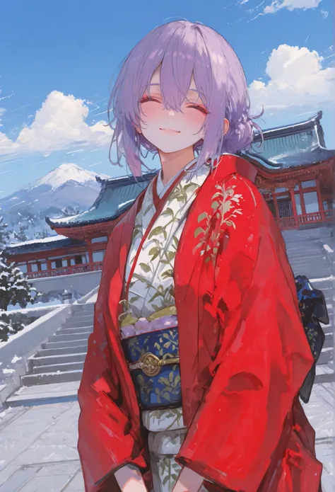 General Thunder stands in front of the Potala Palace，Smile photo，Long purple hair and flowing， wearing a traditional kimono，The background is the majestic Potala Palace and the blue sky and white clouds，The plateau is sunny，Tourist photo pose，Happy express...