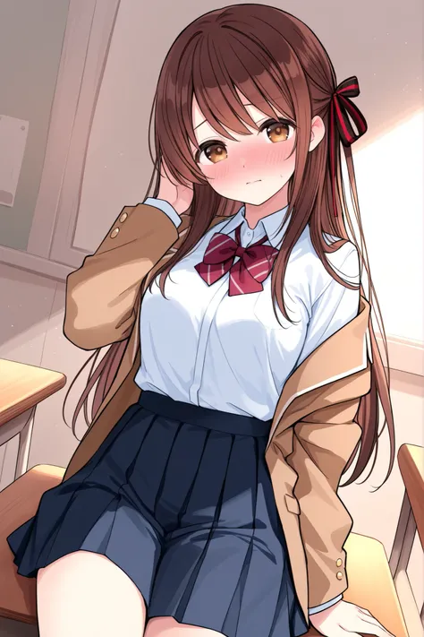high school students long hair brown hair Brown Ime The jacket is white and the shirt is beige, the ribbon is red, and the skirt is reddish brown, the uniform is blush