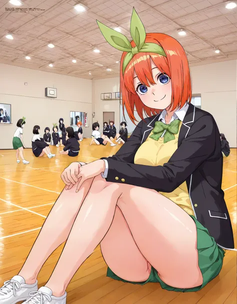 1girl, y0tsuba, large breasts, orange hair, blue eyes, short hair, hair between eyes green bow hairband, black blazer, open blazer, yellow sweater vest, white collared shirt, bowtie, plaid bowtie, green skirt, pleated skirt,y0tsuba, orange hair, blue eyes,...