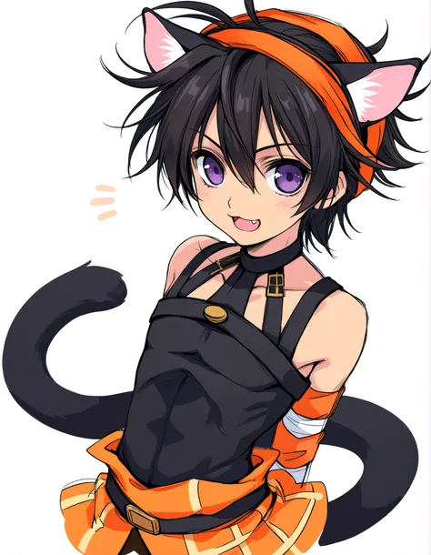 narancia,one boy,cute,cool,brack cat ears,brack hair,purple eyes,brack tail, white background, Bust-up shot,solo, sketch, fang,narancia’s clothes,brack clothes