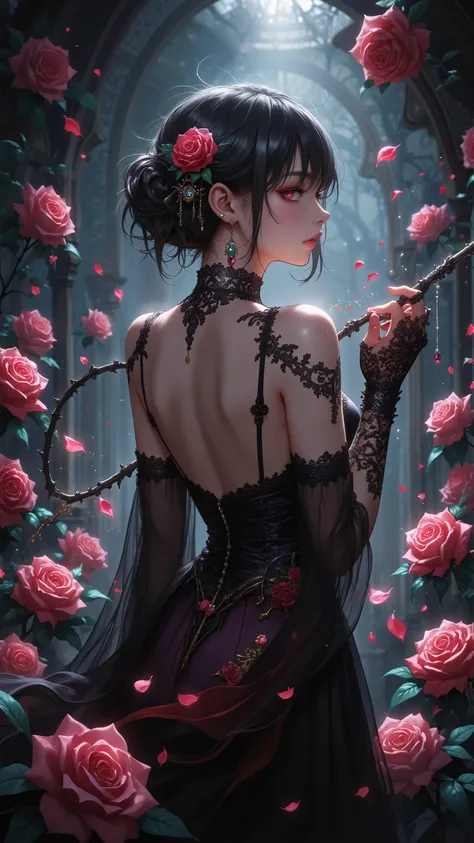 womanhood, Underboob Dress, Side Boob Dresses, teardrop earrings, lace long gloves, pigeon blood brooch, Thorn Whip,    Rose Petal Storm,