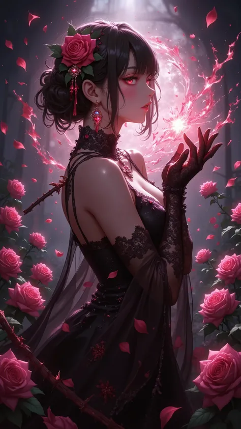 womanhood, Underboob Dress, Side Boob Dresses, teardrop earrings, lace long gloves, pigeon blood brooch, Thorn Whip,    Rose Petal Storm,