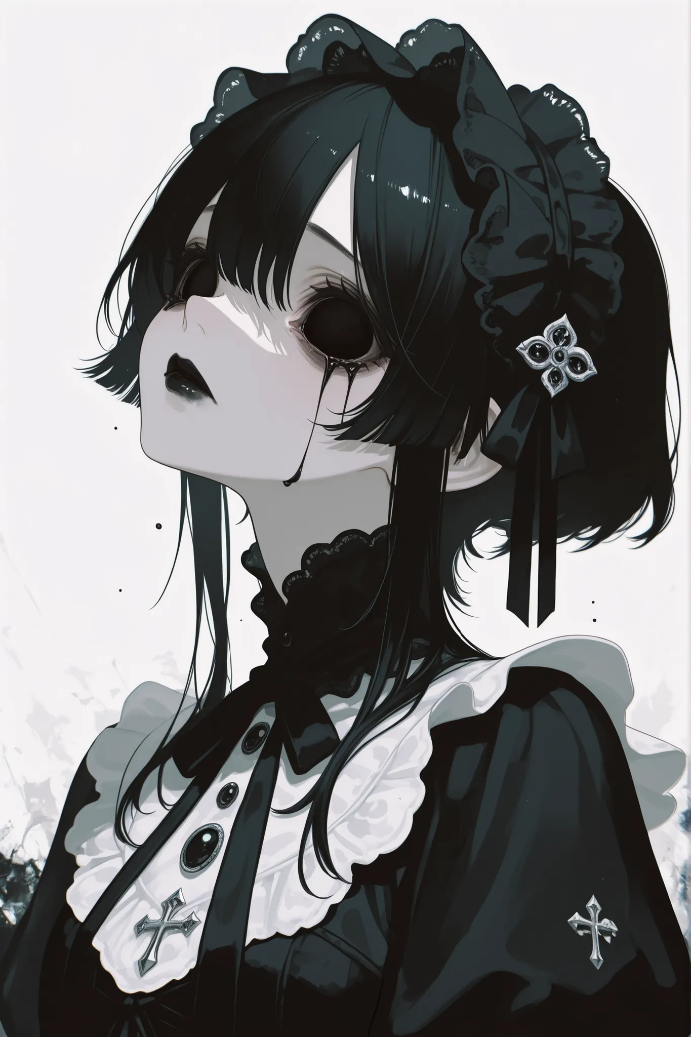 High Definition、High Quality、Seimitsu、delicate illustration、black and white、white background、hollow eyes、see here、eyes like the abyss、Gothic ta、Background margin 、black lips、mouth closed、Black Tears、Hatred in the Void、fear