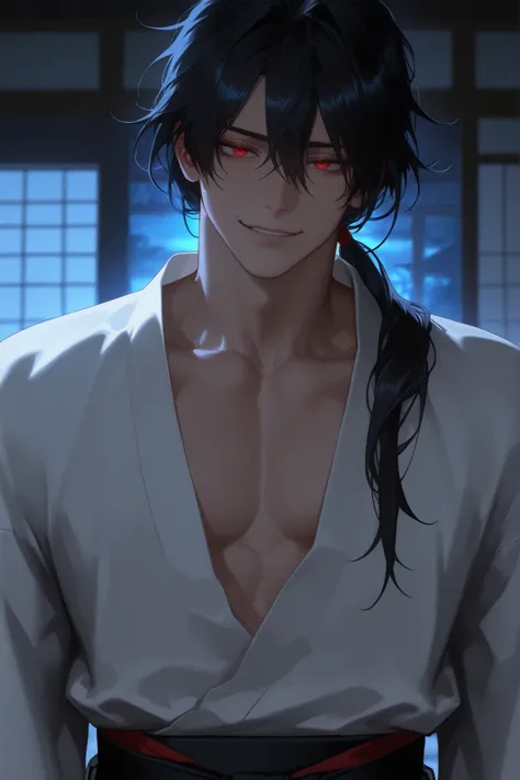 1 male, handsome, Japanese, wearing traditional japanese clothes hakama, close-up upper body, look like bad, black long hair, low ponytail hair style, red eyes, mood like hentai, be manly, a muscular body, midnight, bad smile, stare at front, cinematic blu...