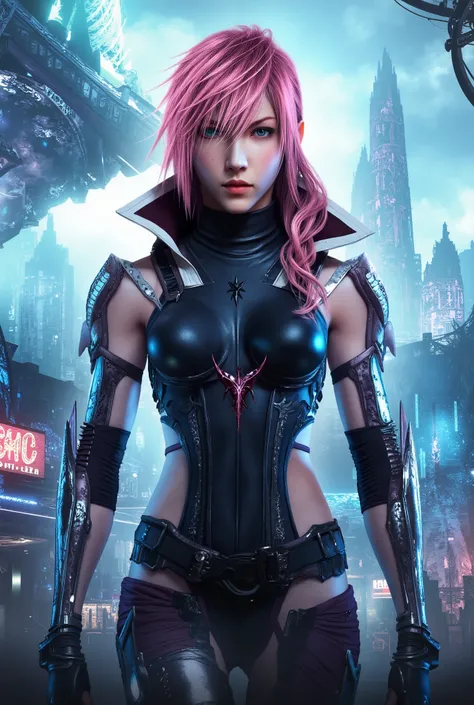 Final Fantasy 7, Lightning Farron, Sci Fi Fantasy background, sexy, seductive, high detail, masterpiece.