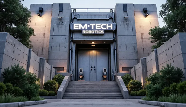  Extra wide shot, three exterior walls, concrete staircase lead up to a large metal door set in the large brick wall, above the doors is a neon sign with Em-TECH ROBOTICS written in glowing white neon, large eucalyptus trees grow near the entrance, cylindr...