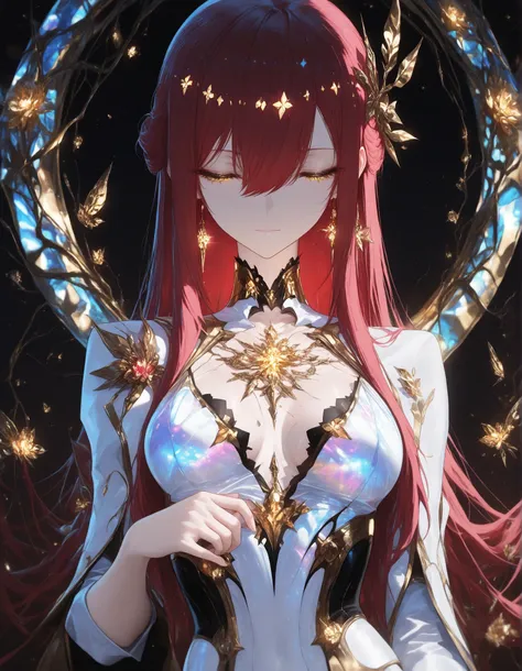 (masterpiece, best quality, intricate design, dreamlike fantasy, vibrant luminescent creatures, harmonious, fluid chaos), (1 girl , golden eyes , very long hair , long sidelocks, red hair ,half updo, petite , very cute , beautiful ,Straight hair, cool, han...