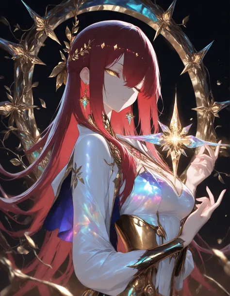 (masterpiece, best quality, intricate design, dreamlike fantasy, vibrant luminescent creatures, harmonious, fluid chaos), (1 girl , golden eyes , very long hair , long sidelocks, red hair ,half updo, petite , very cute , beautiful ,Straight hair, cool, han...